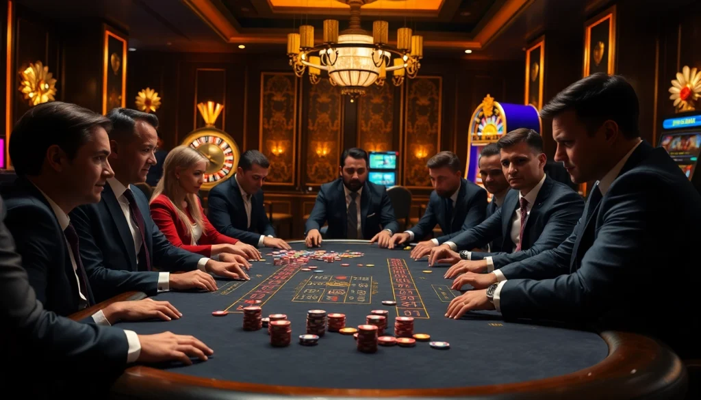 High-stakes poker gameplay at a luxurious casino table showcasing https://fun793.org/ excitement.
