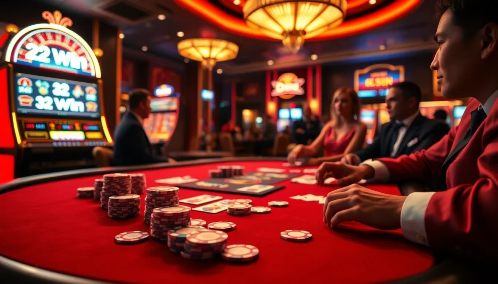 Experience the thrill of poker at a luxury casino featuring the 32 Win slot machine in action.