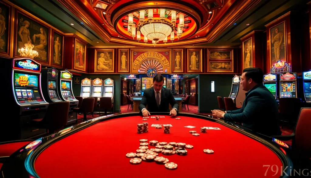 Thrilling poker action at a luxurious 79king casino with vibrant slot machines.