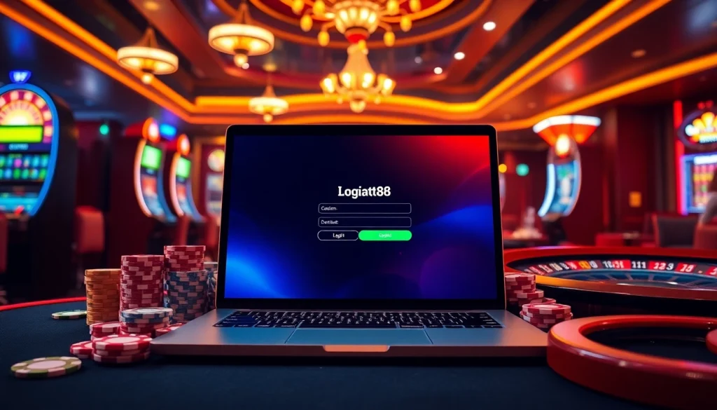 Experience the thrill of gambling by logging into rajatoto88, surrounded by vibrant casino elements.