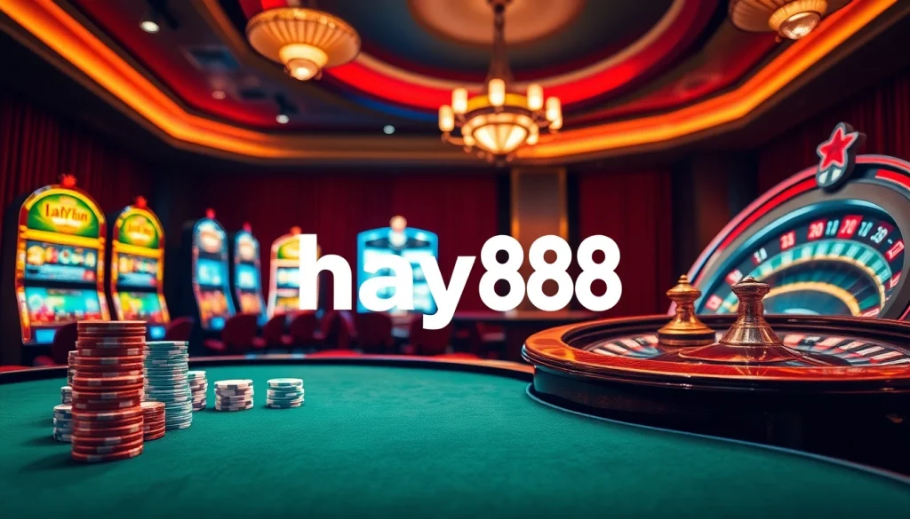 Experience the excitement of gambling at hay88, featuring a luxurious casino scene with poker chips and slot machines.