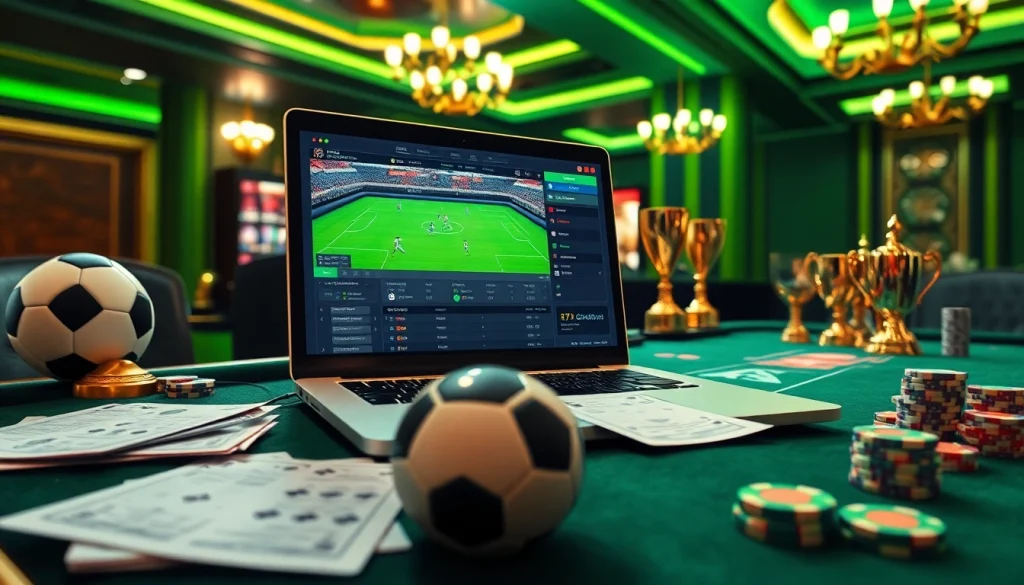 Engaging scene showcasing แทงบอลยังไง in a high-stakes online sports betting environment with a laptop and soccer memorabilia.