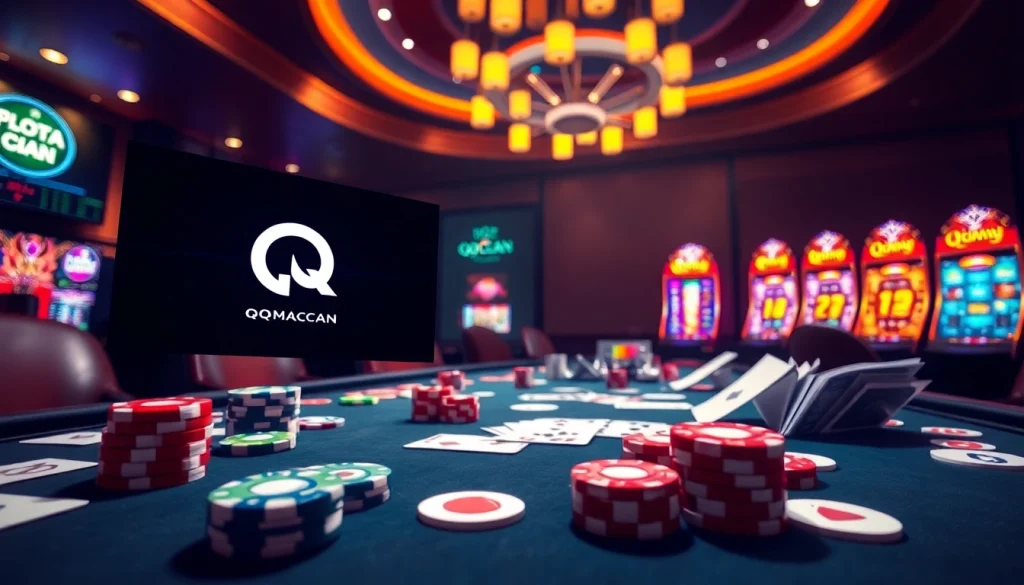 Experience qqmacan's thrilling slot machines and elegant poker chips in a vibrant casino setting.