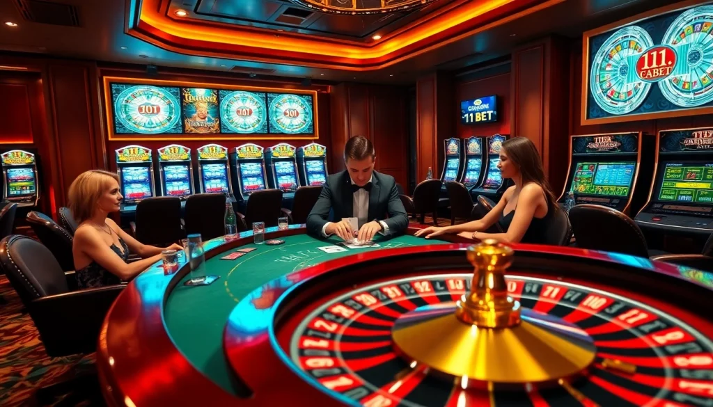 Experience an exciting game at 11BET casino with vibrant slot machines and a spinning roulette wheel.