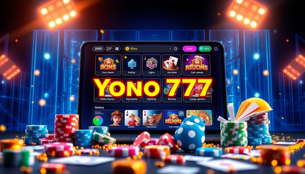 Engaging visual representation of Yono 777 gaming app, showcasing slots and poker in a vibrant digital setting.