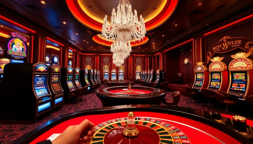 Hit club luxurious casino scene featuring tables, slot machines, and poker chips in a vibrant atmosphere.