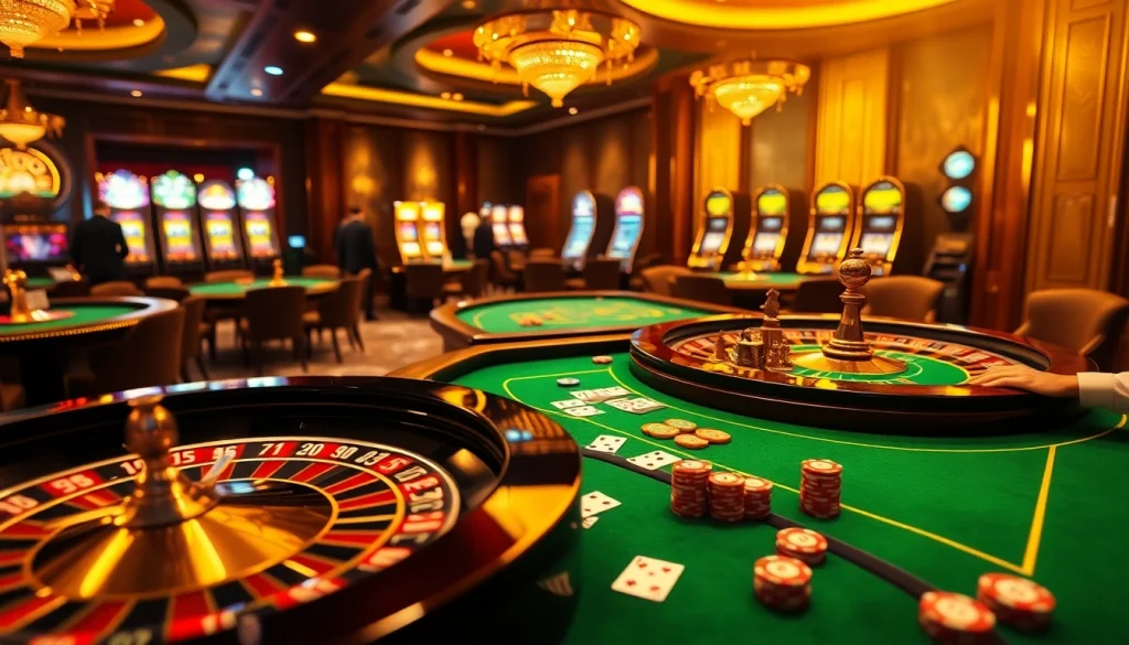 Experience the thrill of gambling at https://dn882.pro/ with an exhilarating casino scene featuring poker tables and roulette wheels.