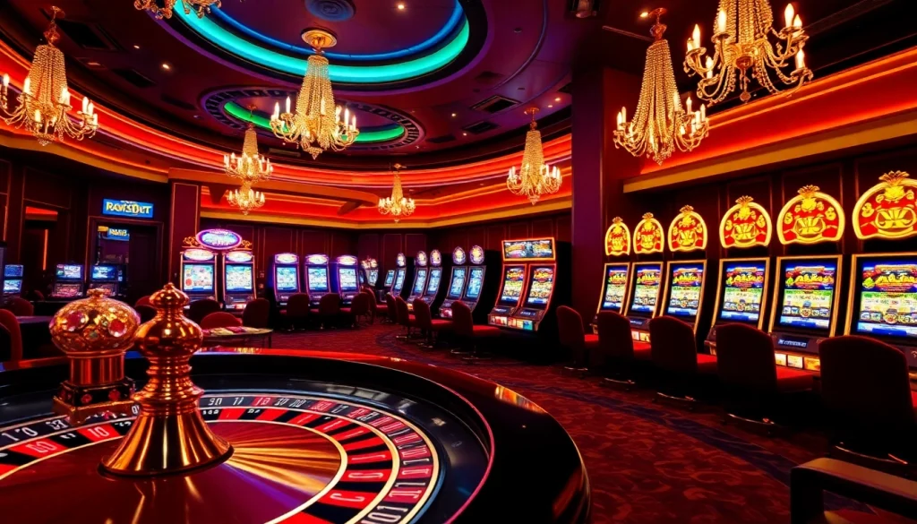 Experience thrilling gameplay at raja 88 with luxurious casino elements like poker tables and slot machines.