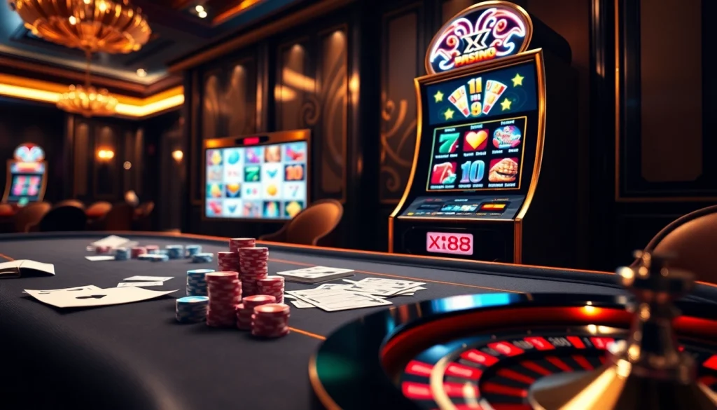 Exciting gaming action at trang chủ X88 with poker chips and a vibrant slot machine.