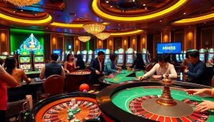 Experience MM88 with players enjoying exciting games at vibrant casino tables and slot machines.