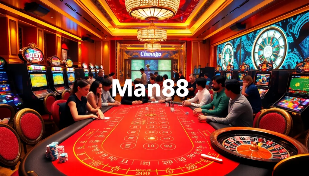 Experience exhilarating gameplay at Man88 with vibrant casino tables and engaging slot machines.